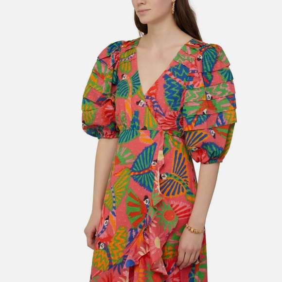NWT - FARM Rio Coral Mixed Graphic Macaws Puff Sleeve Midi Dress / Size S - Picture 3 of 15
